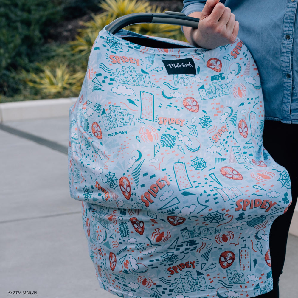 Milk Snob Marvel 5-in-1 car-seat canopy offers sun protection and privacy
