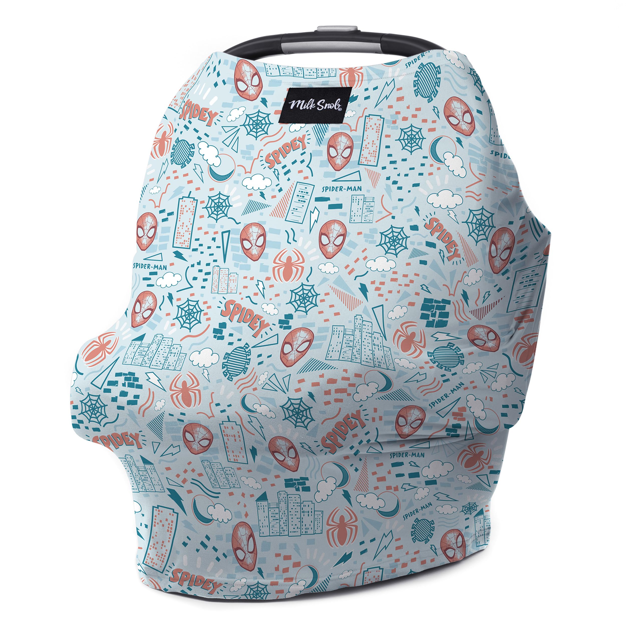 Milk Snob Original Marvel 5-in-1 cover car seat with Spider-Man design provides privacy on-the-go