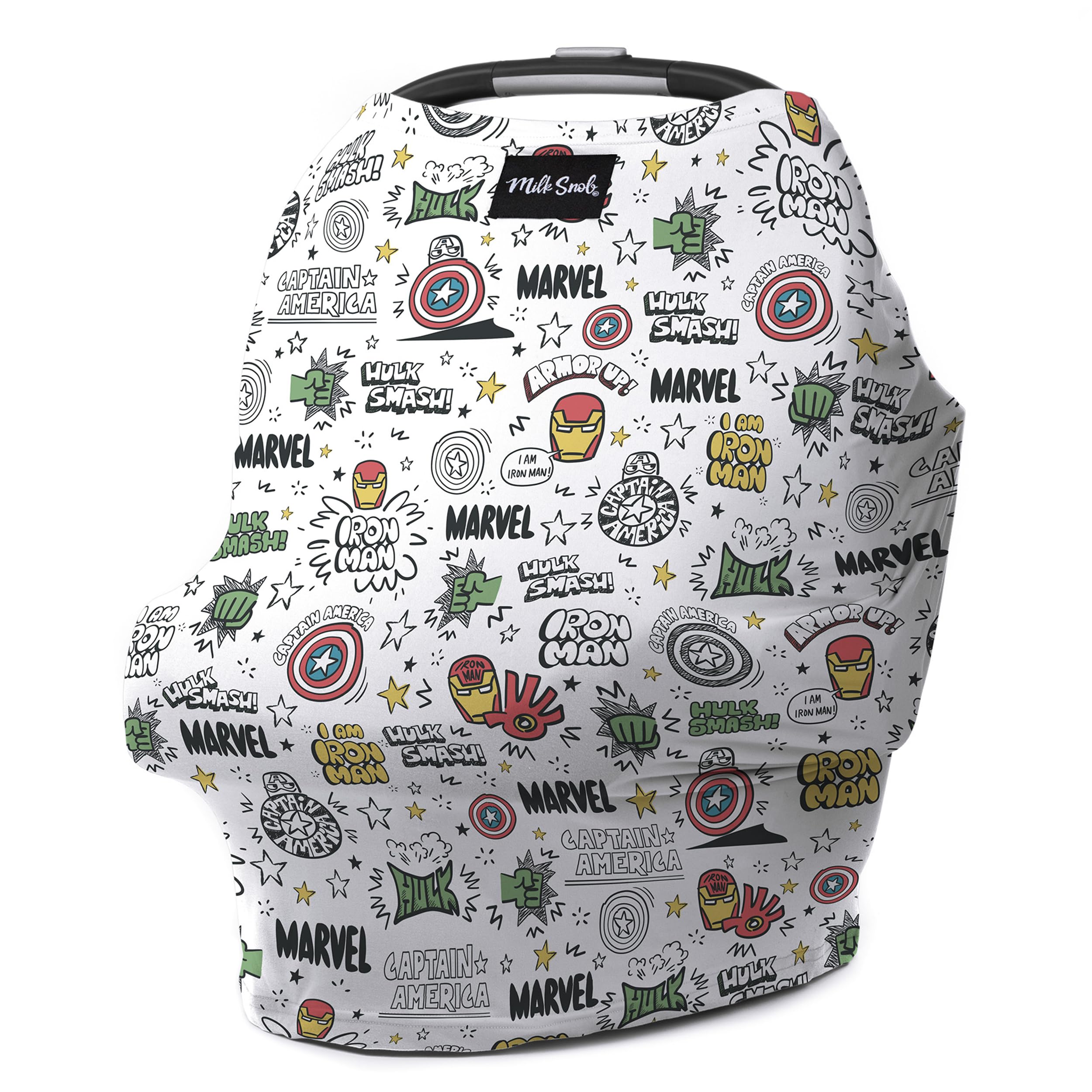 Milk Snob Original Marvel 5-in-1 cover, close-up, Disney Mighty Heroes print for privacy.