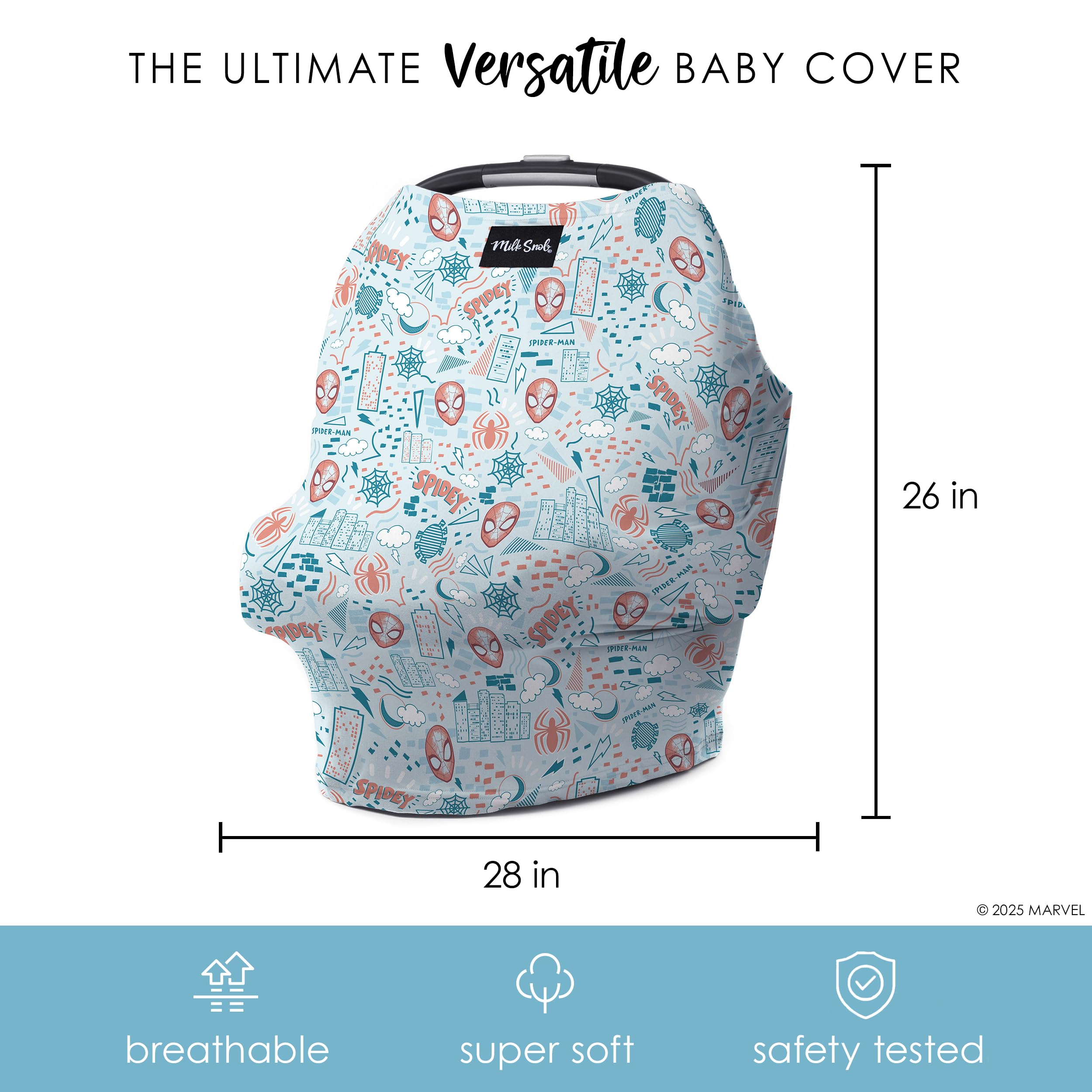 Milk Snob Marvel 5-in-1 cover functions as high-chair shield with playful Spider-Man print