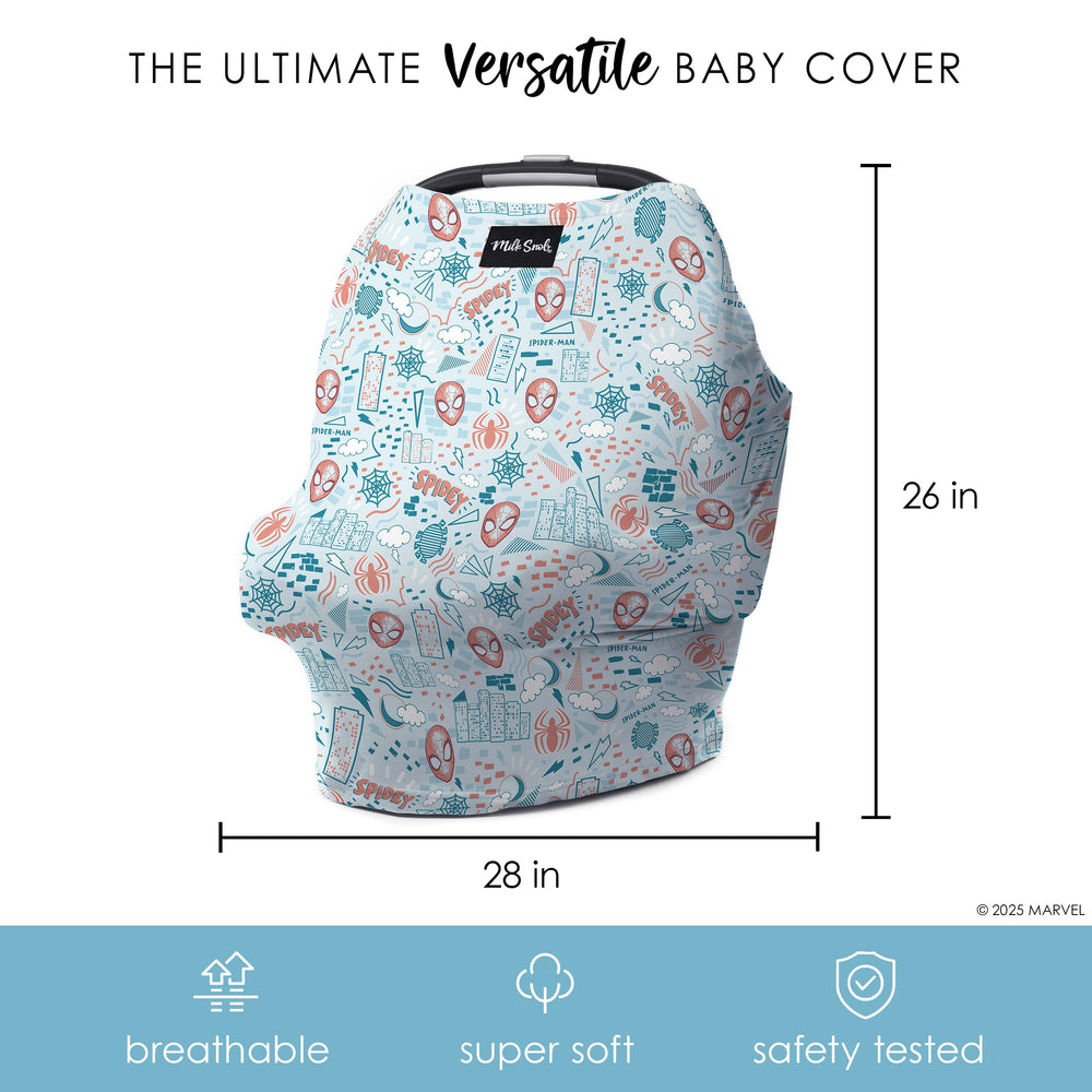 Milk Snob Marvel 5-in-1 cover functions as high-chair shield with playful Spider-Man print