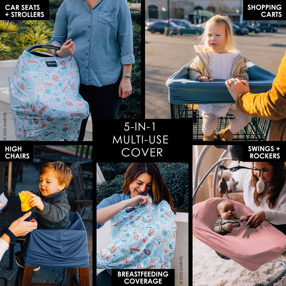 Milk Snob Marvel 5-in-1 cover for nursing, featuring Spider-Man print for discreet breastfeeding