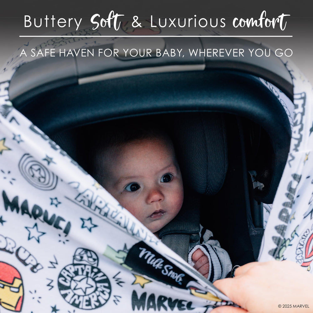 Milk Snob Original Marvel 5-in-1 cover shields stroller time from sun.