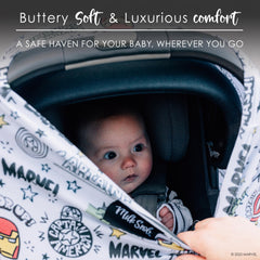 Milk Snob Original Marvel 5-in-1 cover shields stroller time from sun.