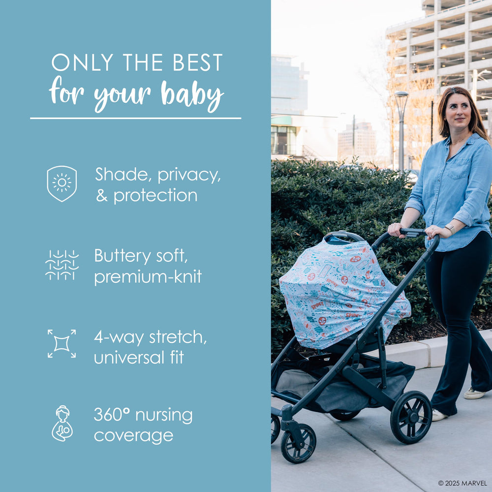 Milk Snob Marvel 5-in-1 cover used as stroller shield with Spider-Man aesthetic