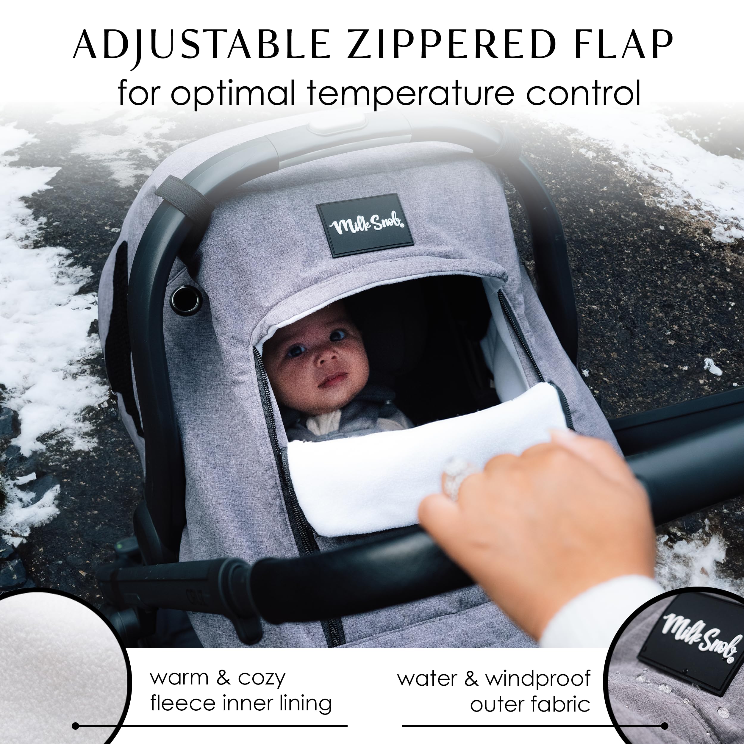 Milk Snob car seat cover with zippered front flap for adjustable airflow and temperature control