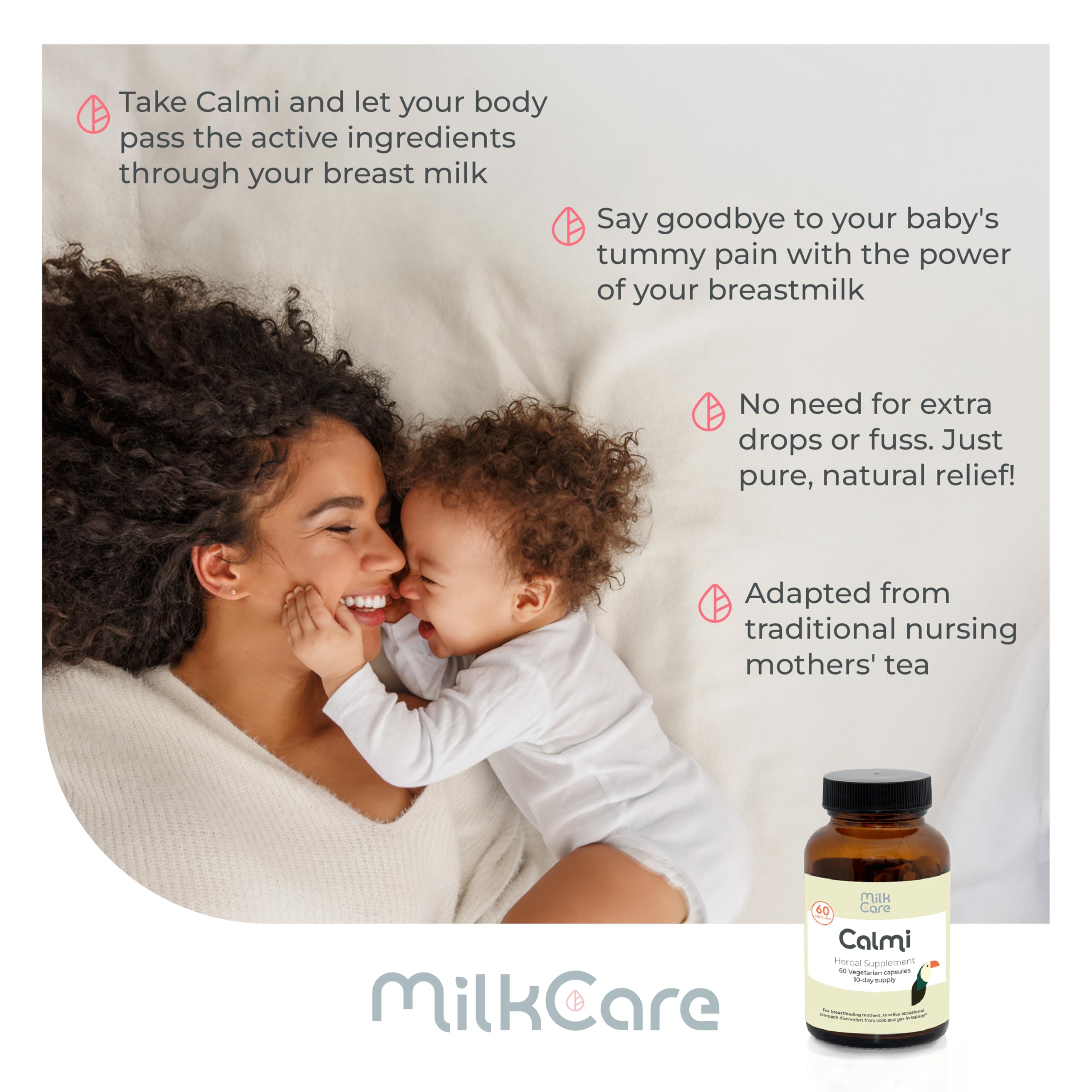 Milkcare Calmi capsules closeup highlighting plant-based formula for gentle digestion support