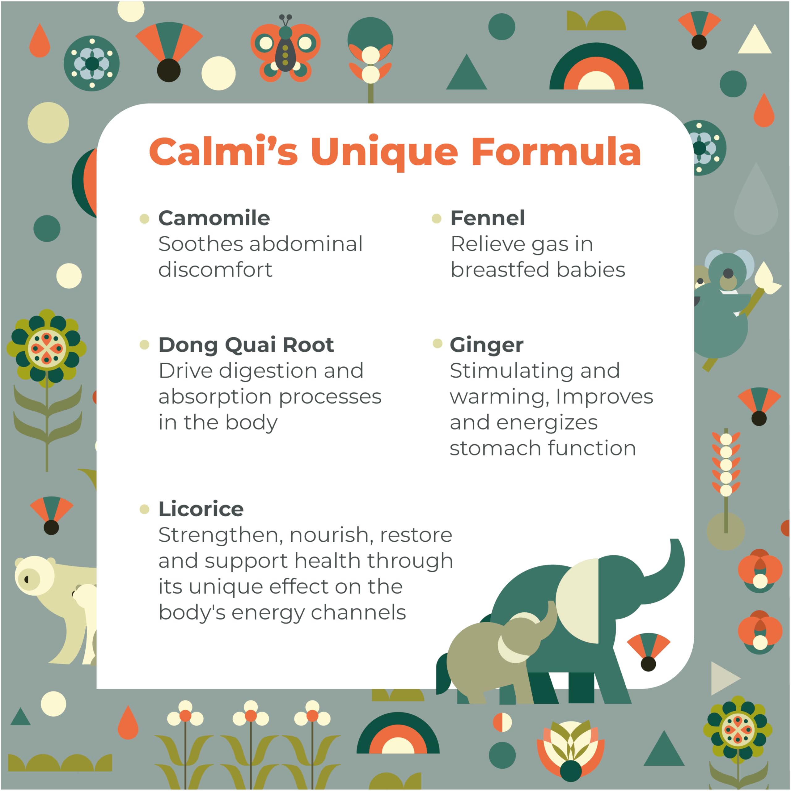 Milkcare Calmi ingredients chamomile and dong quai emphasize soothing herbs for digestion