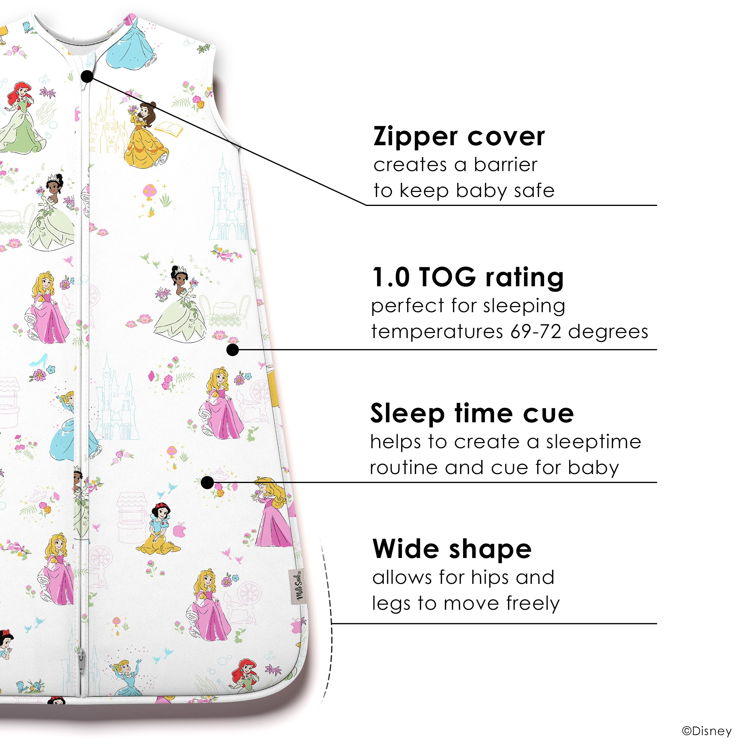 Milk Snob Disney Sleeping Sack sleeveless design keeps baby comfortable.