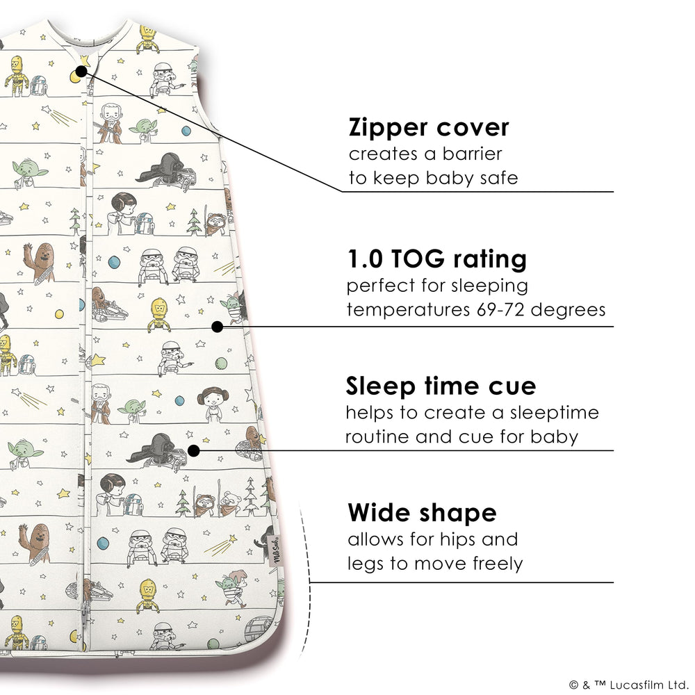 Milk Snob Disney Star Wars Precious Padawans design showcased on infant sleep sack.