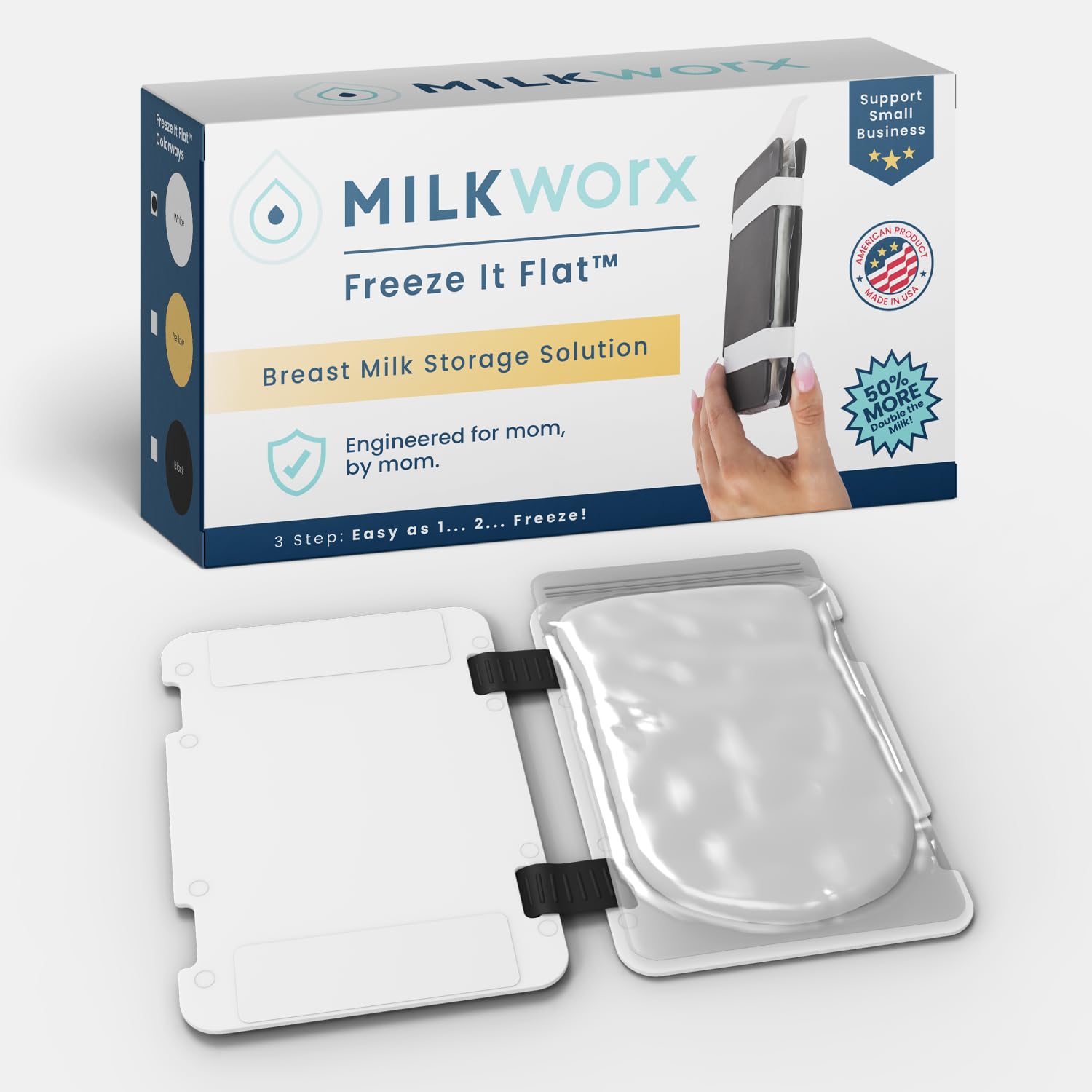 MilkWorx Freeze It Flat design stores bags flat for maximum freezer space.