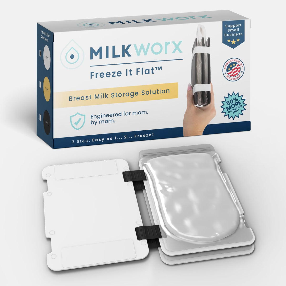 MilkWorx Freeze It Flat design in action showcasing maximum freezer space for breast milk bags