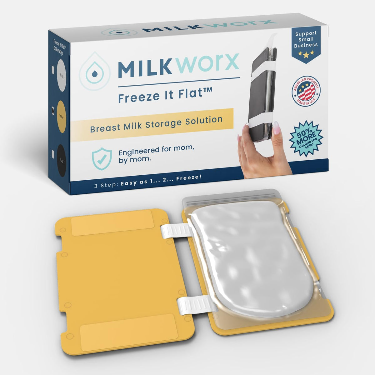 MilkWorx Freeze It Flat design shows compact, space-saving storage for breast milk bags.
