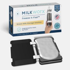 MilkWorx Freeze It Flat top view shows compact freezer organization for breast milk bags.