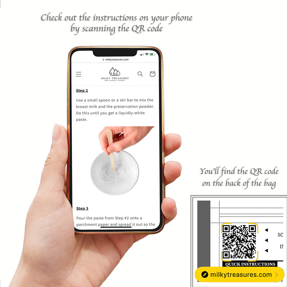 QR code on Milky Treasures preservation powder back provides instructions