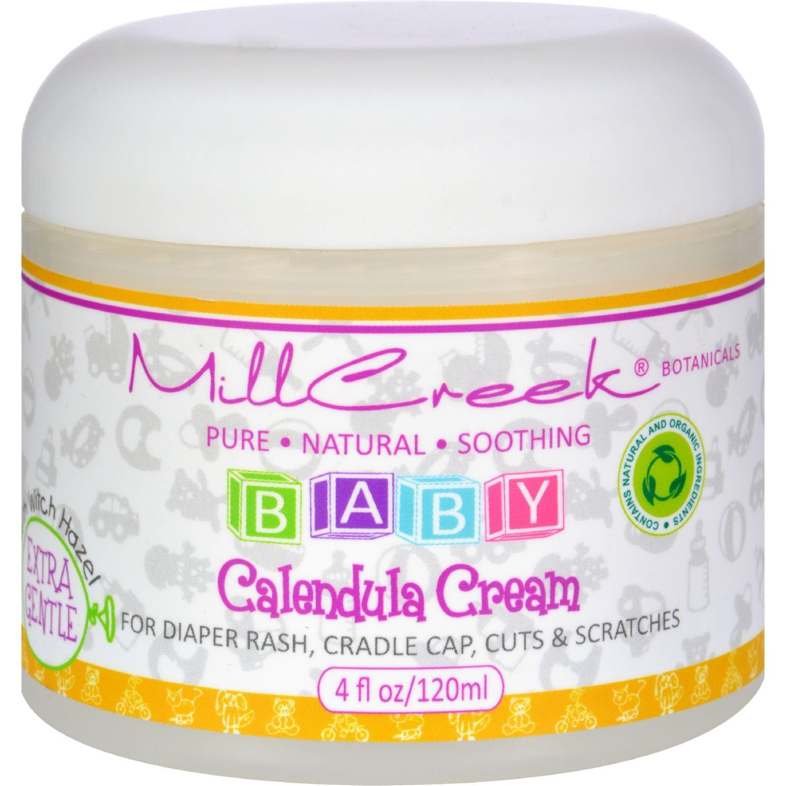 Mill Creek Baby Calendula Cream bottle provides gentle relief for diaper rash and sensitive skin.