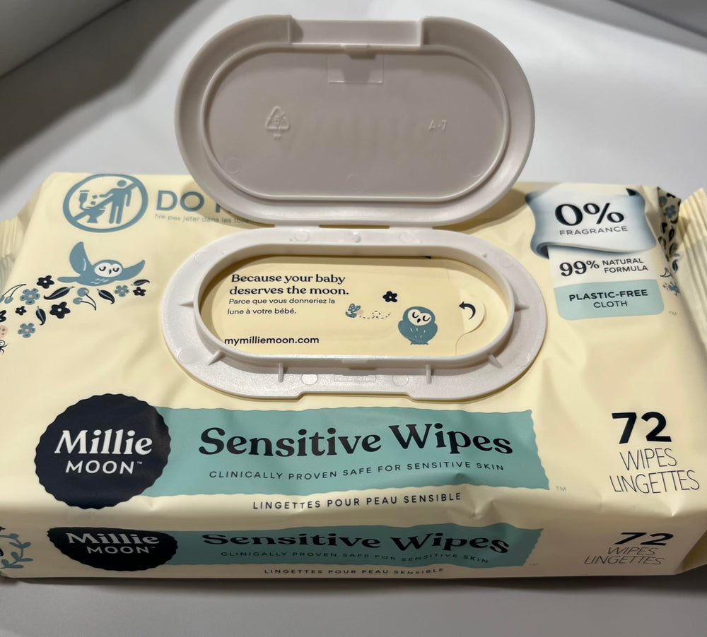 Millie Moon Sensitive Baby Wipes ingredients close-up for soothing care.