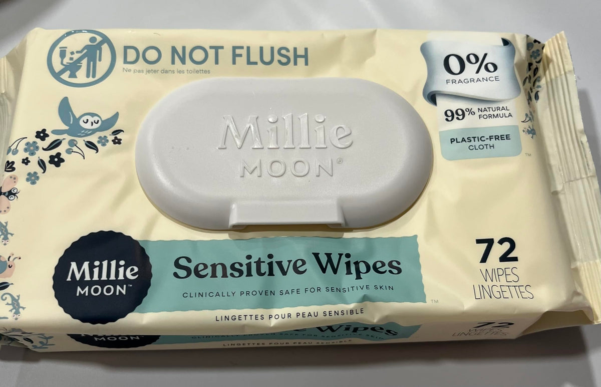 Millie Moon Sensitive Baby Wipes pack close-up for delicate-skin care.