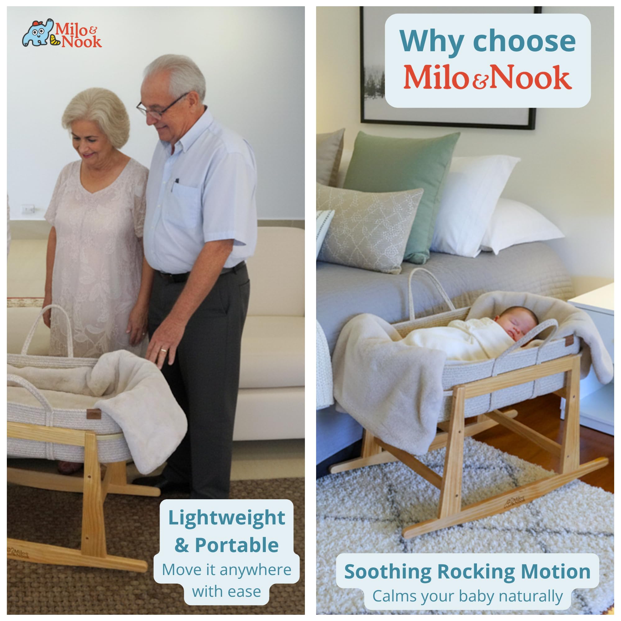 Milo & Nook basket stand in-bedroom use keeps baby close safely
