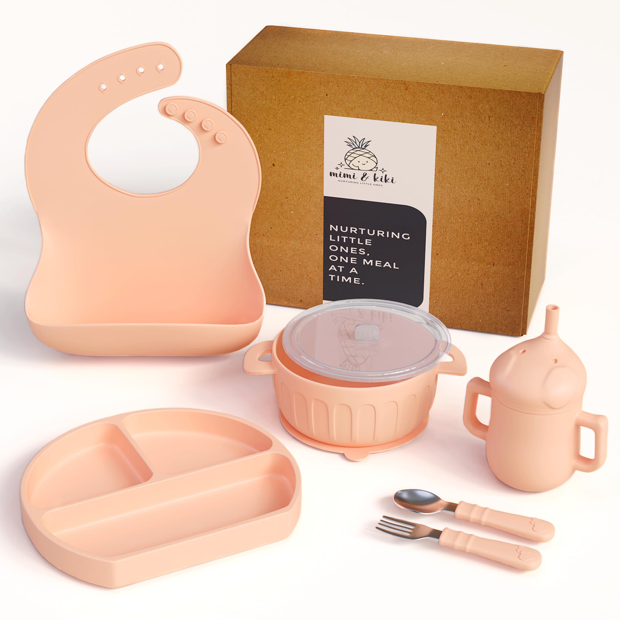 mimi & kiki baby-led weaning essentials kit in light pink.