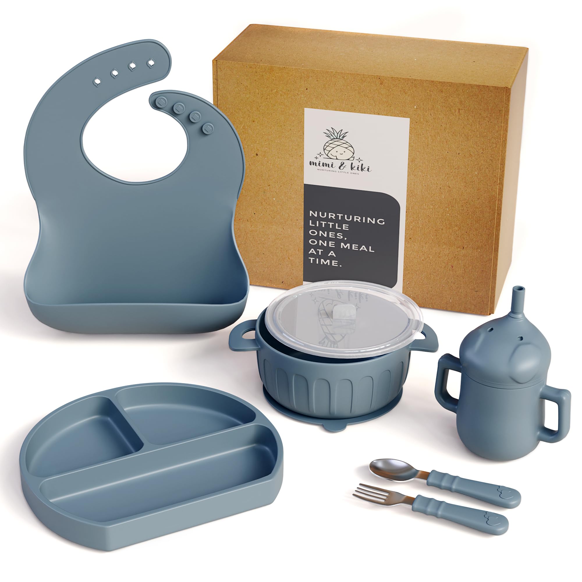 Mimi & Kiki blue dining scene showcases coordinated feeding set.