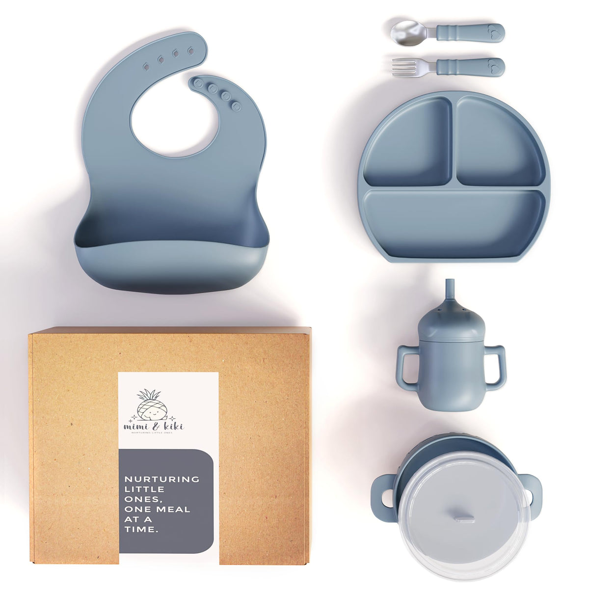 Mimi & Kiki plate with slip-base supports mess-free meals for little eaters.