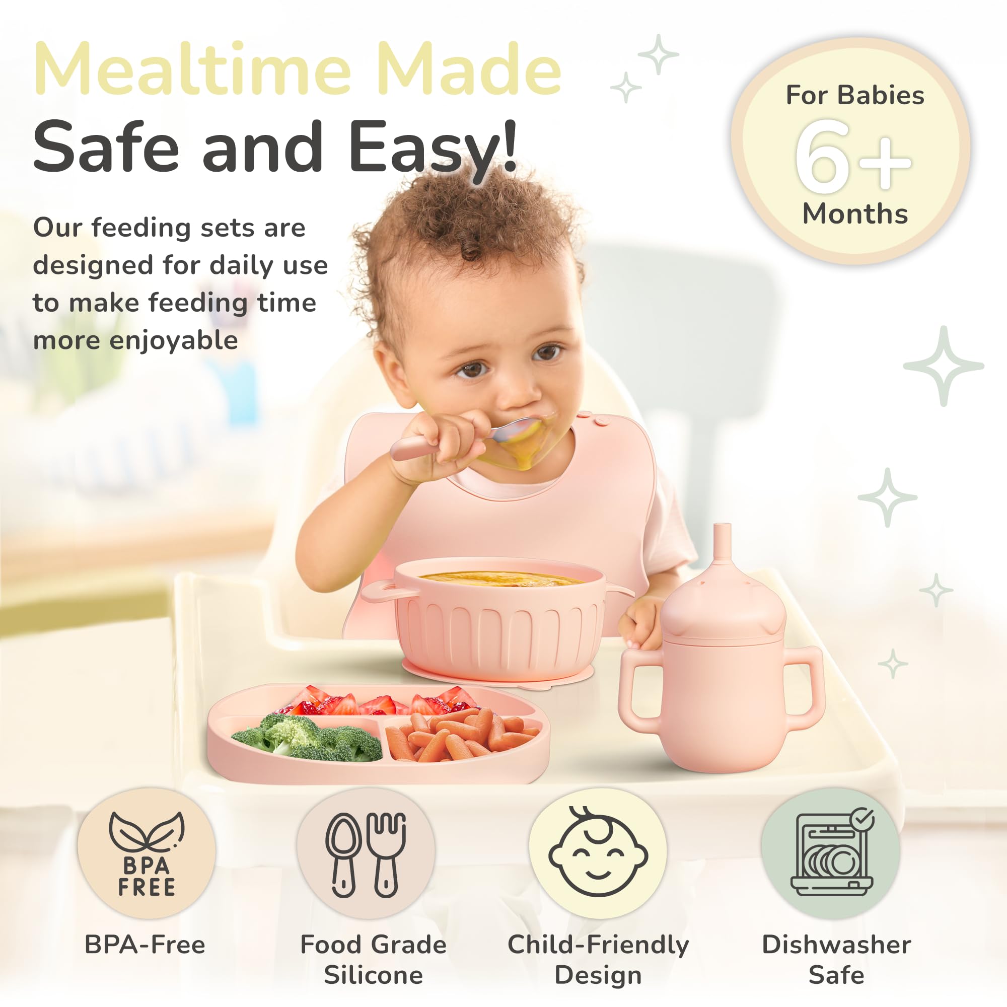 mimi & kiki light pink baby bib for quick cleanup during meals.