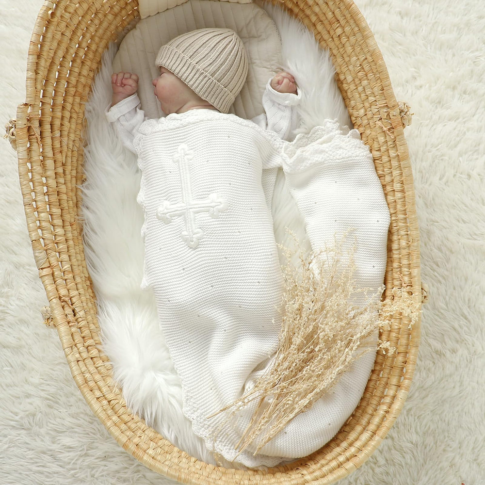 mimixiong cross-stitched blanket showcases heirloom design for christening or baby shower