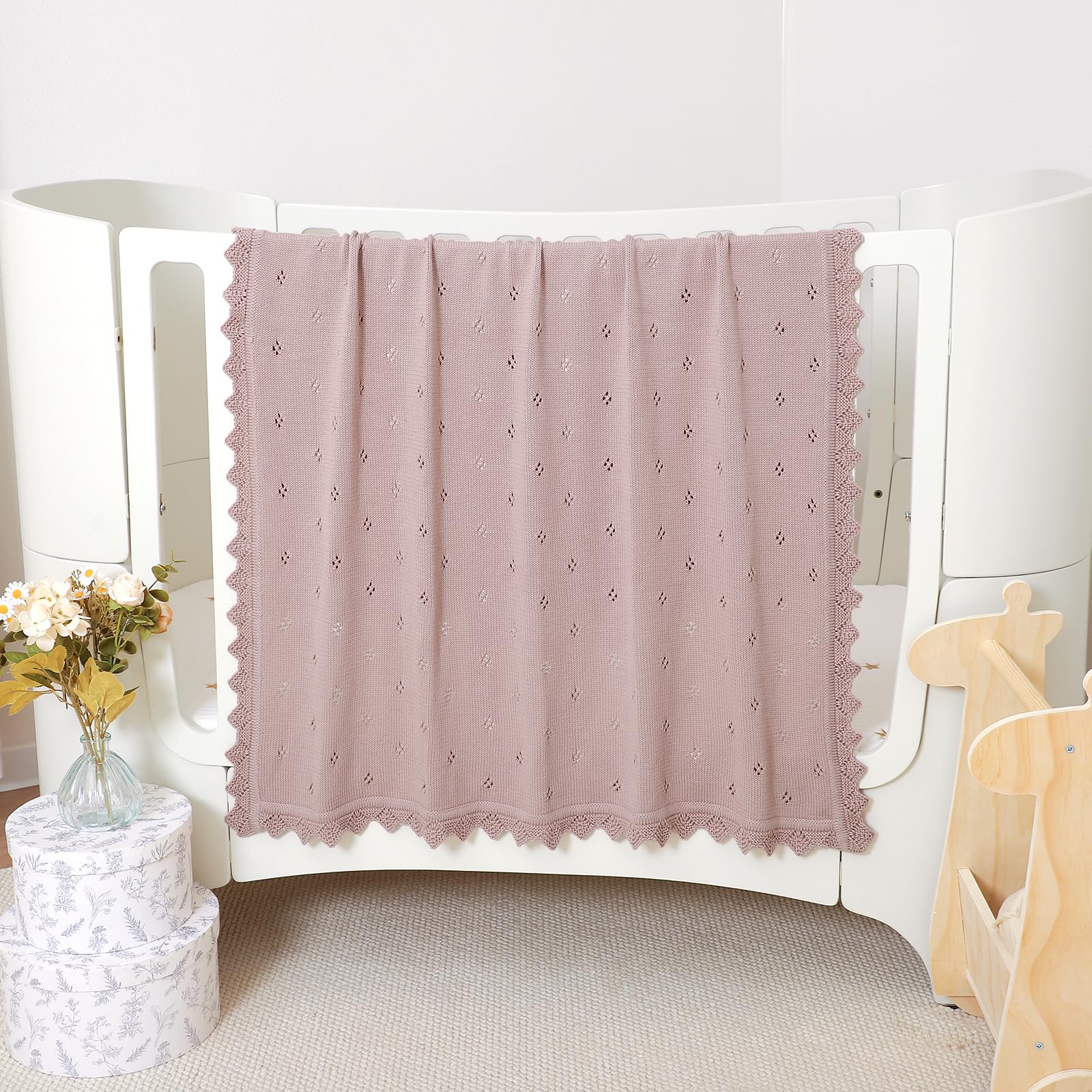 Mimixiong Dreamy Lilac blanket on baby, ideal for all-season swaddling.