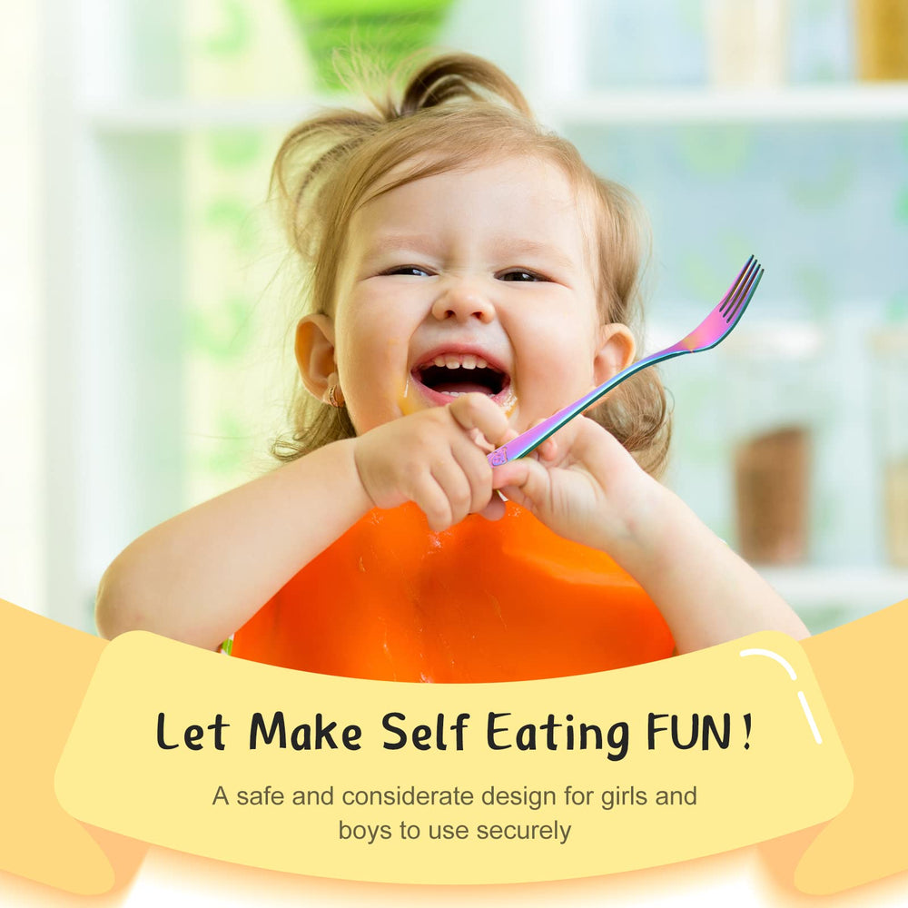 Minatee kids mealtimes at home and school showcased by colorful forks that attract picky eaters.
