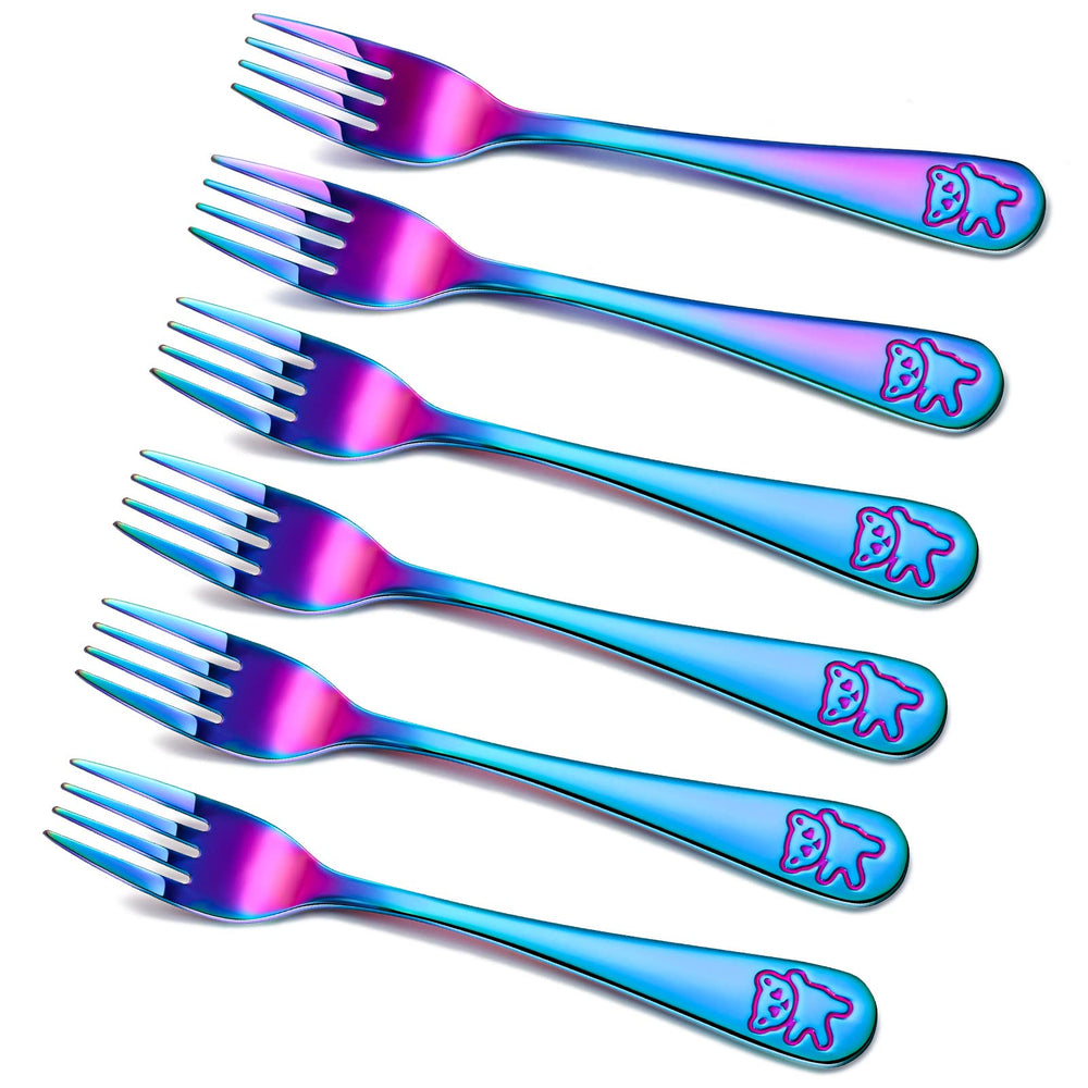 Minatee rainbow kids forks pack with vibrant colors to help toddlers pick up food easily.