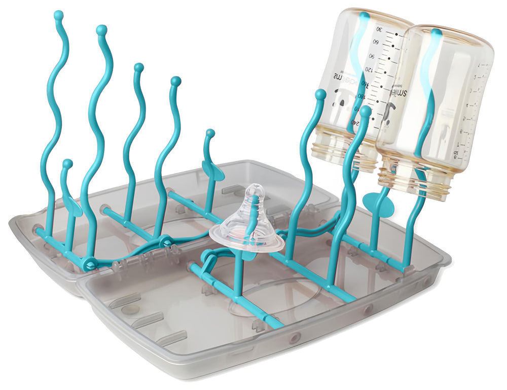 Minchsrin blue collapsible rack in use, drying bottles and teats efficiently.
