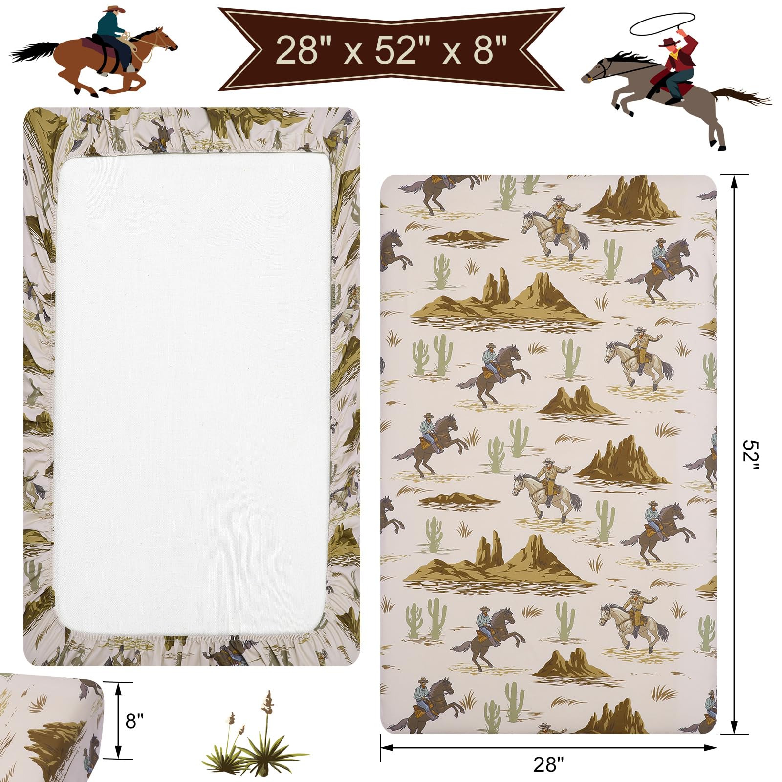 Mindsoft cowboy crib sheet close-up shows durable polyester and smooth, gentle touch.