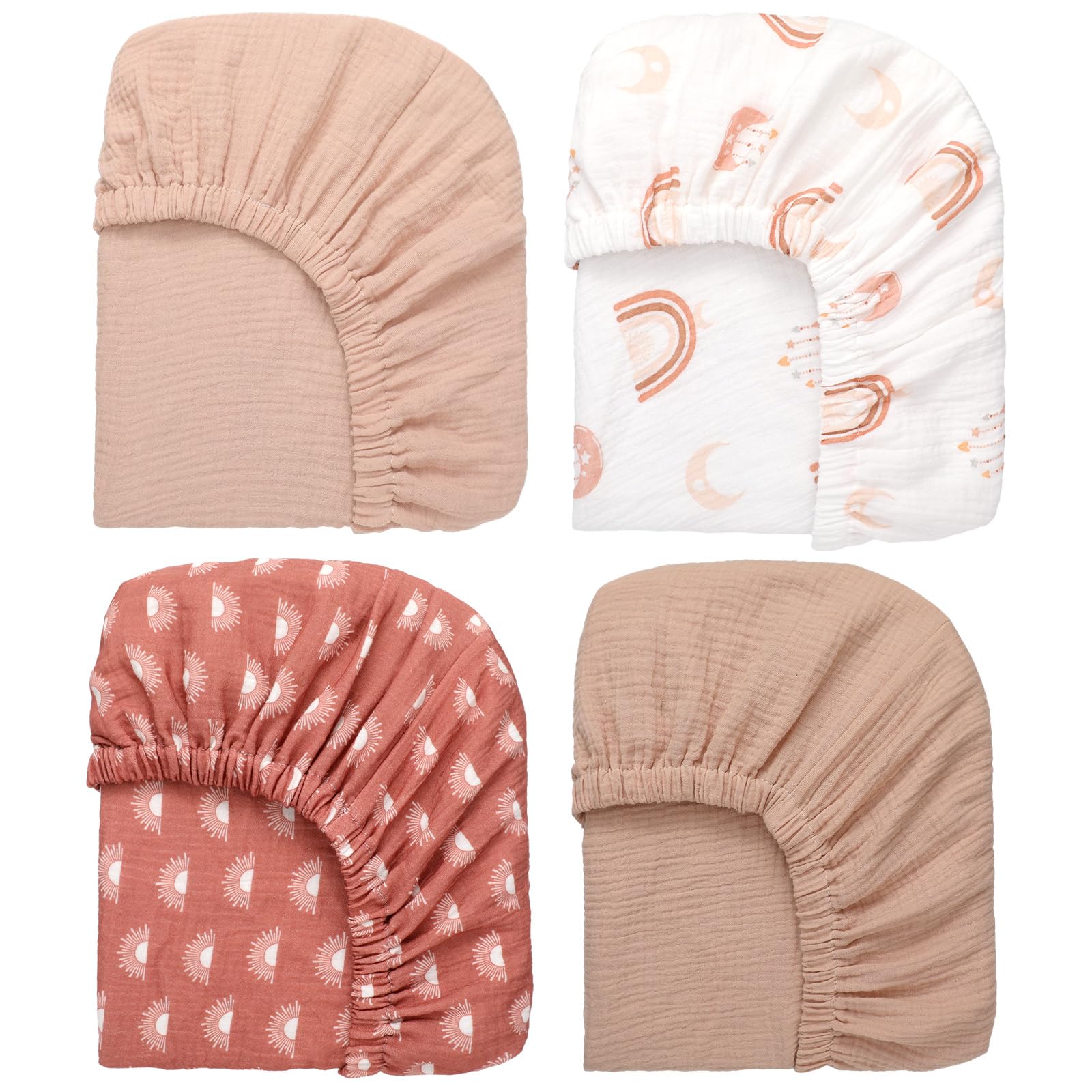 Mindsoft four-pack muslin crib sheets packaging shows soft cotton and neutral design