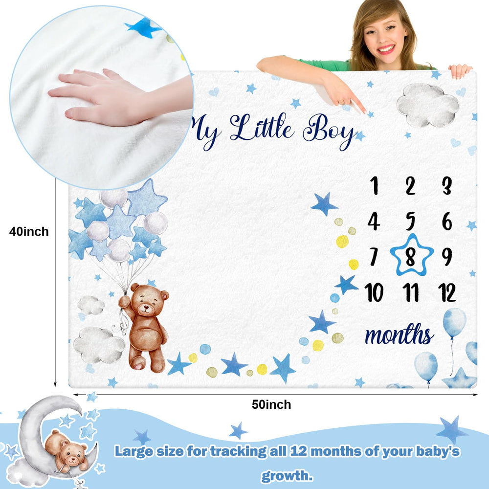 Mindsoft milestone blanket blue month-label emphasizes baby's age for organized, shareable photo albums.