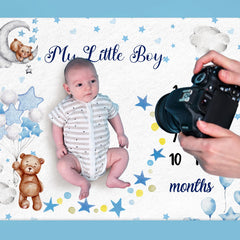Mindsoft milestone blanket blue backdrop supports large, clear milestone photos.