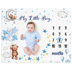 Mindsoft Sleeping Bear milestone blanket with star frame highlights monthly growth for keepsake photos.