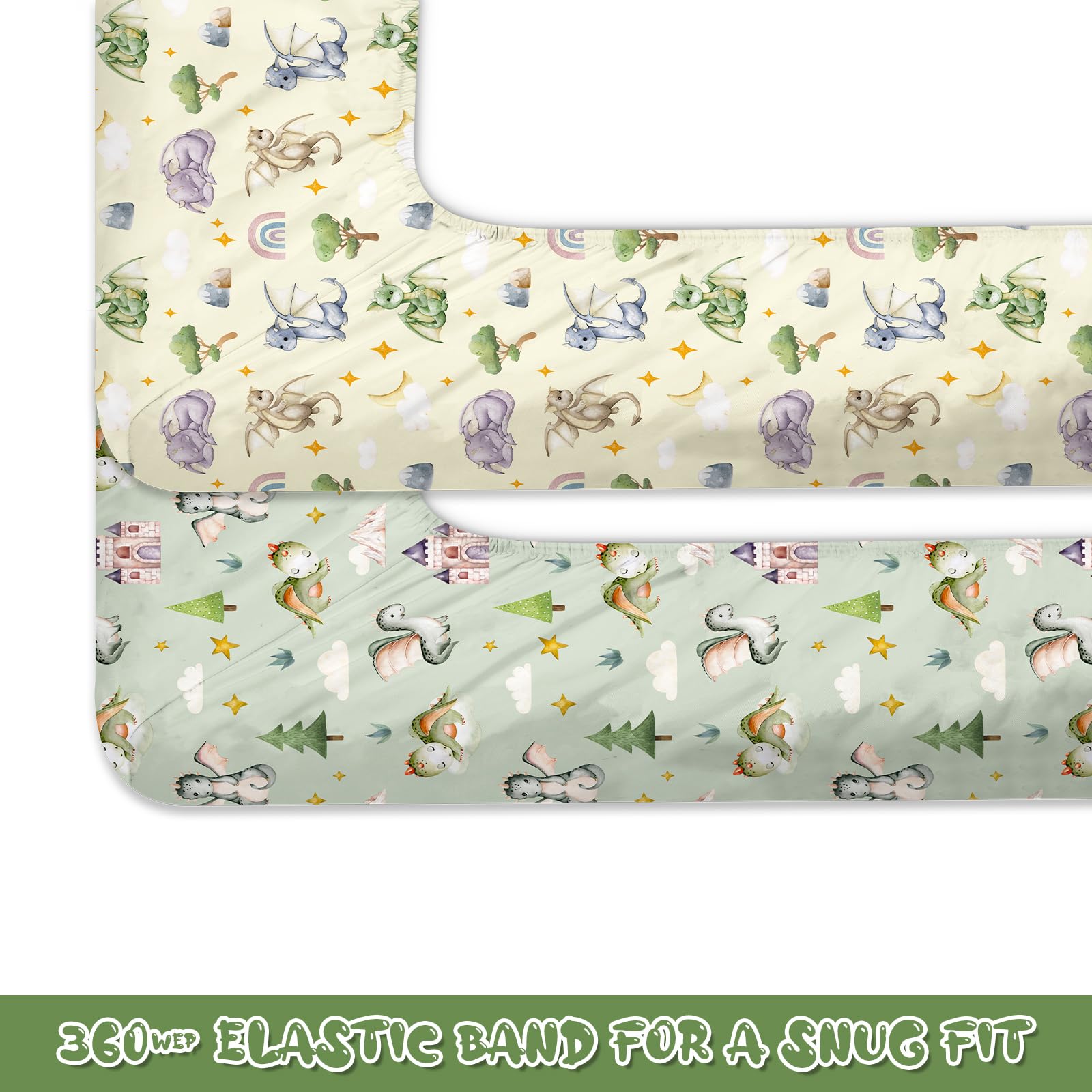 Mindsoft watercolor dragon crib sheet 3D elements highlight fairy tale details and color depth.