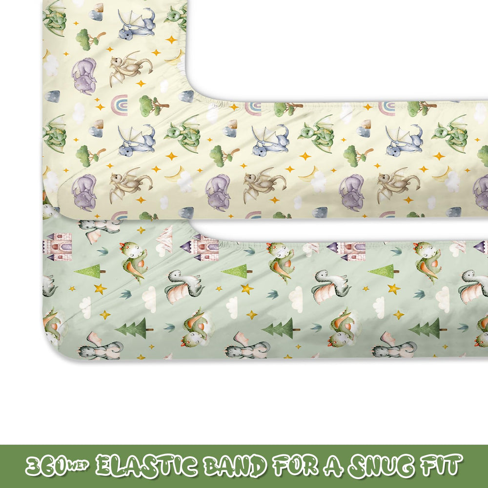 Mindsoft watercolor dragon crib sheet 3D elements highlight fairy tale details and color depth.