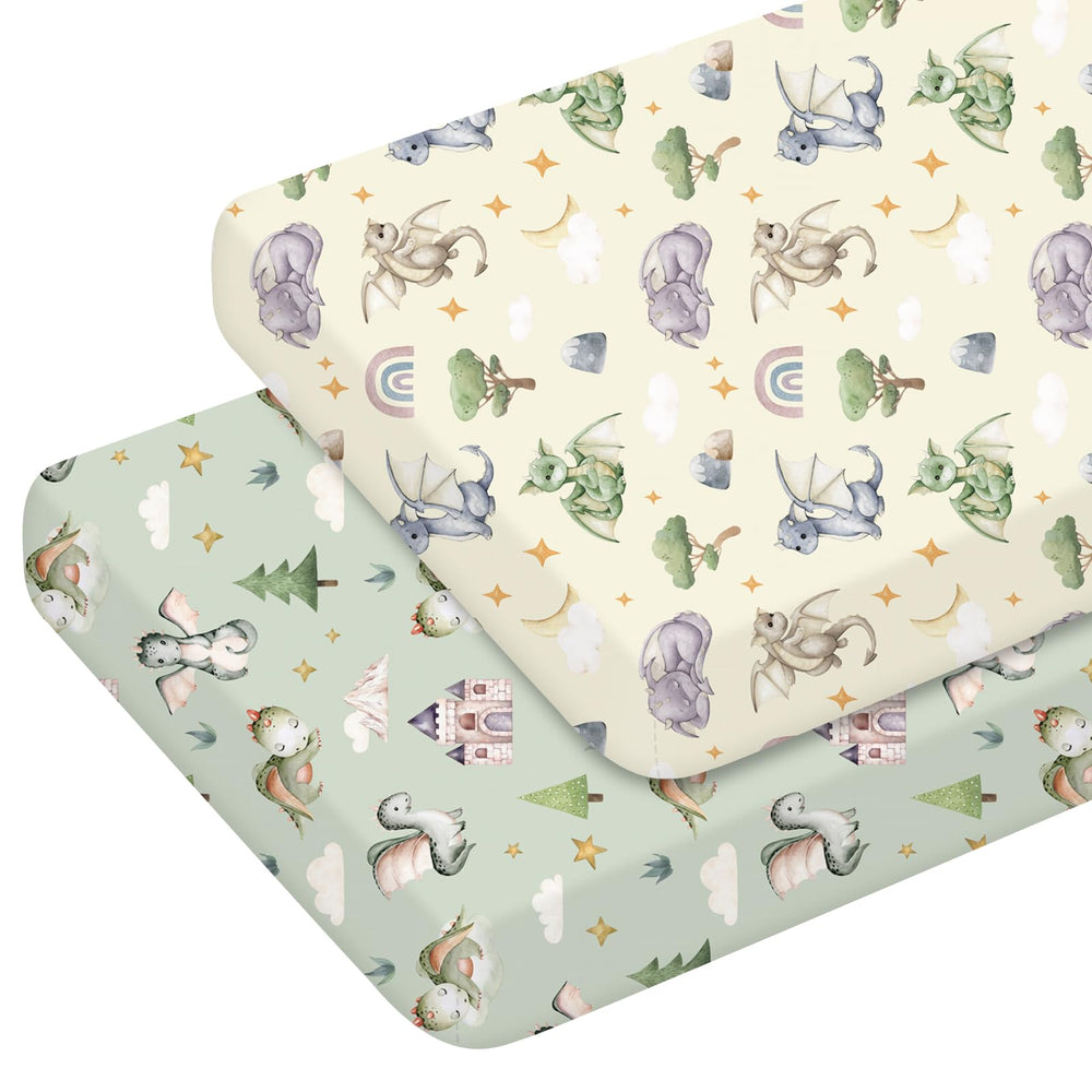Mindsoft watercolor dragon crib sheet set front view showcases playful dragons for a cozy nursery.