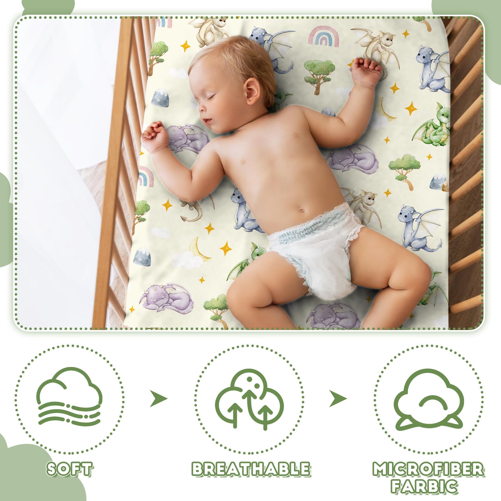Mindsoft watercolor dragon crib sheet fits standard cribs with secure elastic corners.