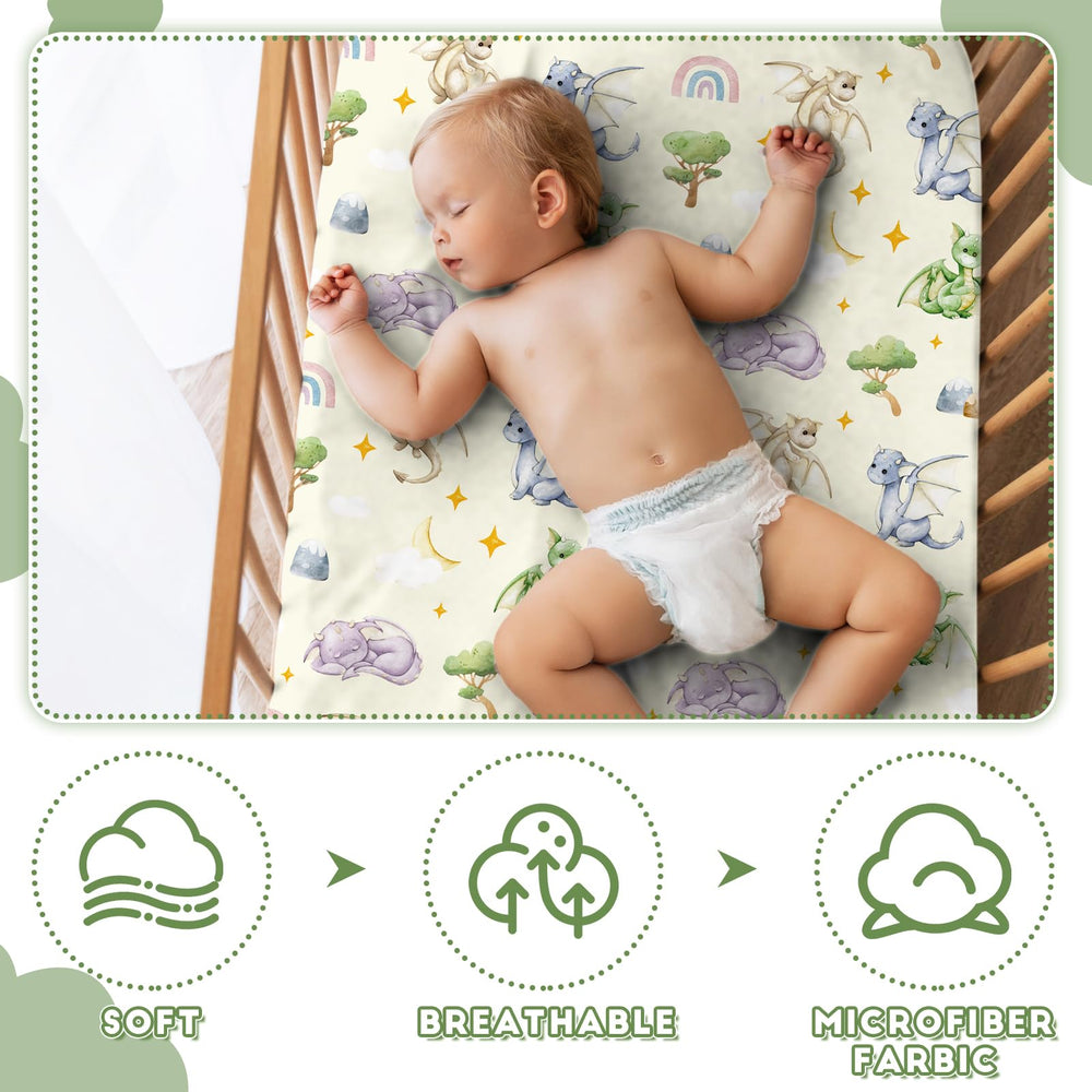Mindsoft watercolor dragon crib sheet fits standard cribs with secure elastic corners.
