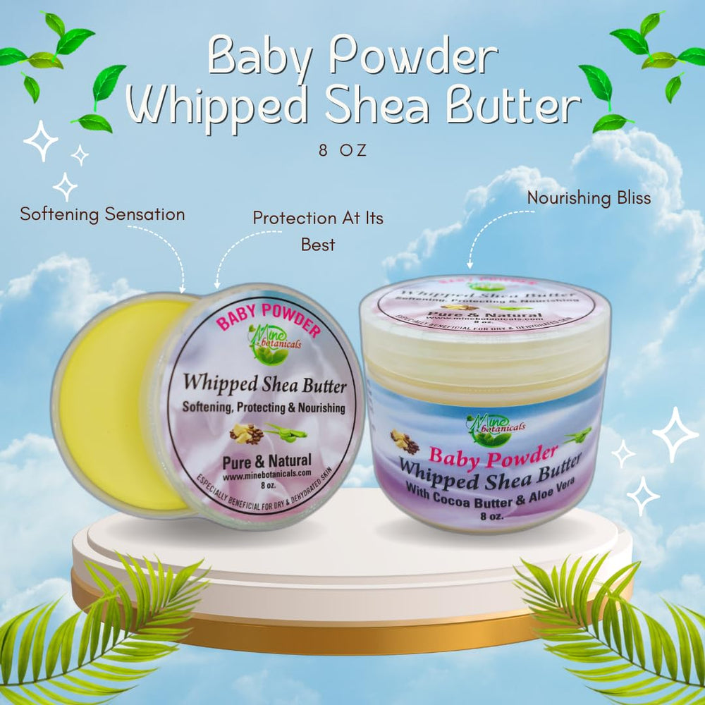 Mine Botanicals Baby Powder Whipped Shea Butter jar on skin, promoting conditioning