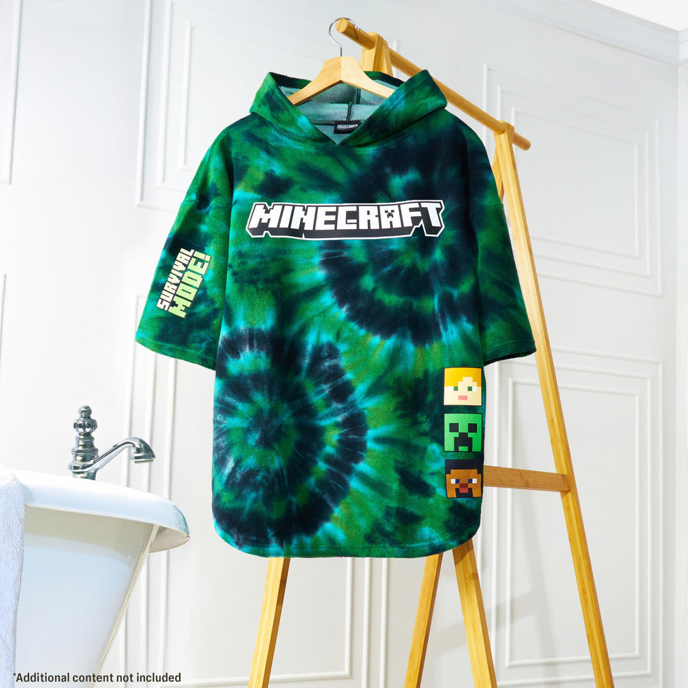 Minecraft towelling poncho at the beach with multi tie-dye for seaside use