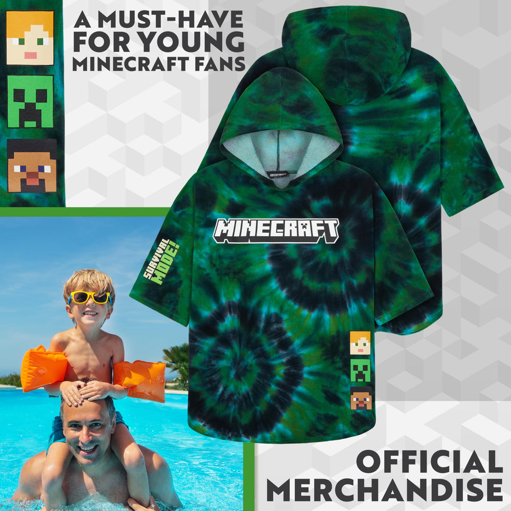 Minecraft towelling poncho worn by child, soft absorbent fabric after swimming