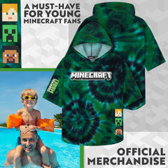 Minecraft towelling poncho worn by child, soft absorbent fabric after swimming