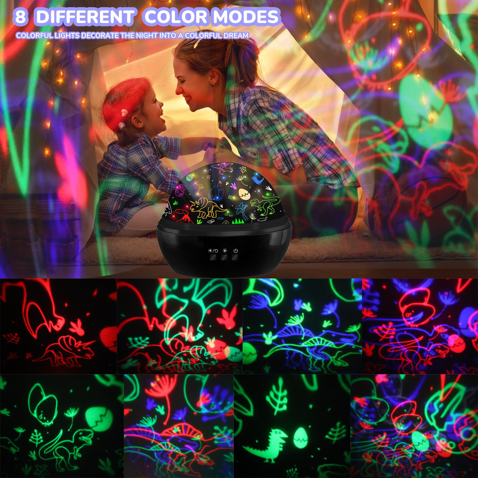 MINGKIDS 360-degree rotation delivers immersive ceiling projection in kid's room.