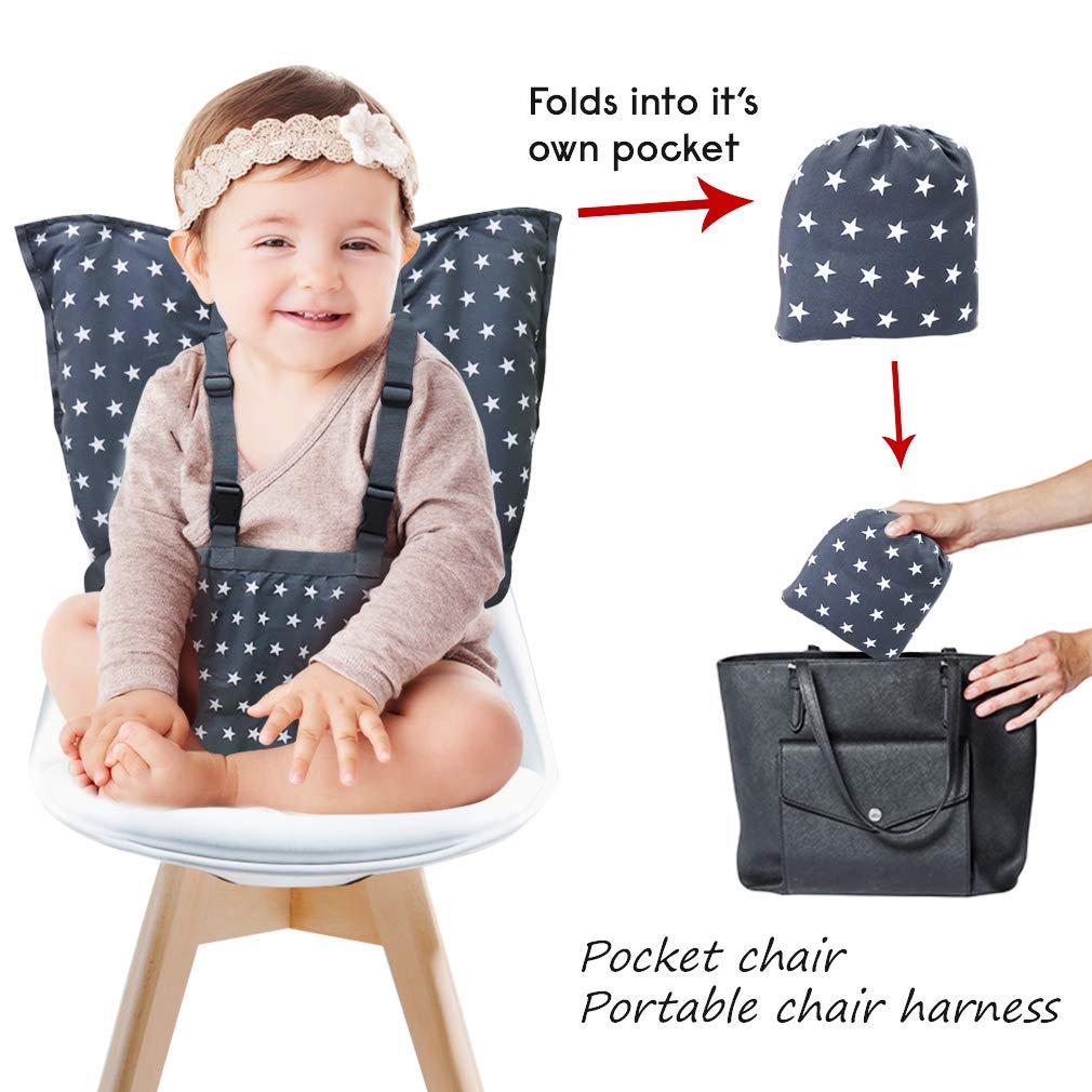 MINGRI portable high chair harness adjustable straps ensure snug, comfortable fit for growing toddlers.