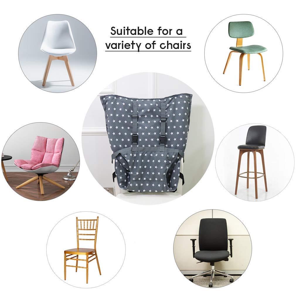 MINGRI portable high chair harness chair-compatibility image highlights fit on many dining chairs.