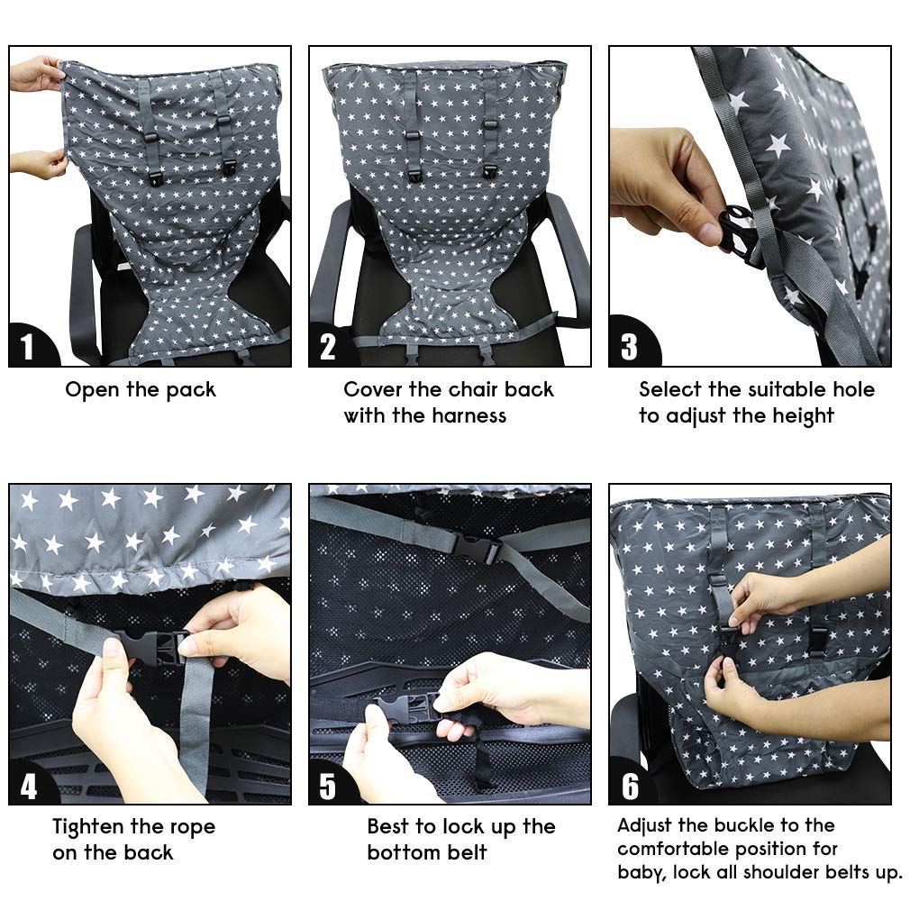 MINGRI portable high chair harness in-use demonstrates quick setup on a chair.